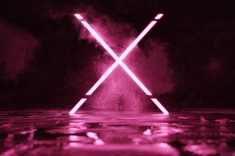 3d rendering of magenta lighten X alphabet shape in front of grunge wall background Digital X